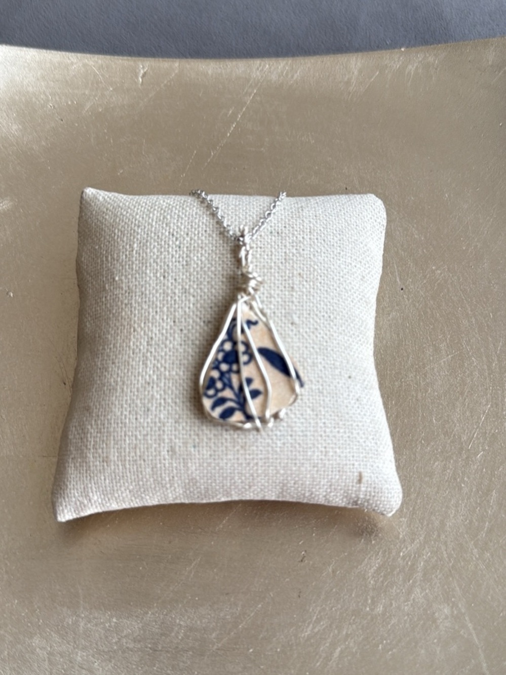 Handmade Blue White Ceramic Teardrop Pendant Necklace - Silver Wire Wrap